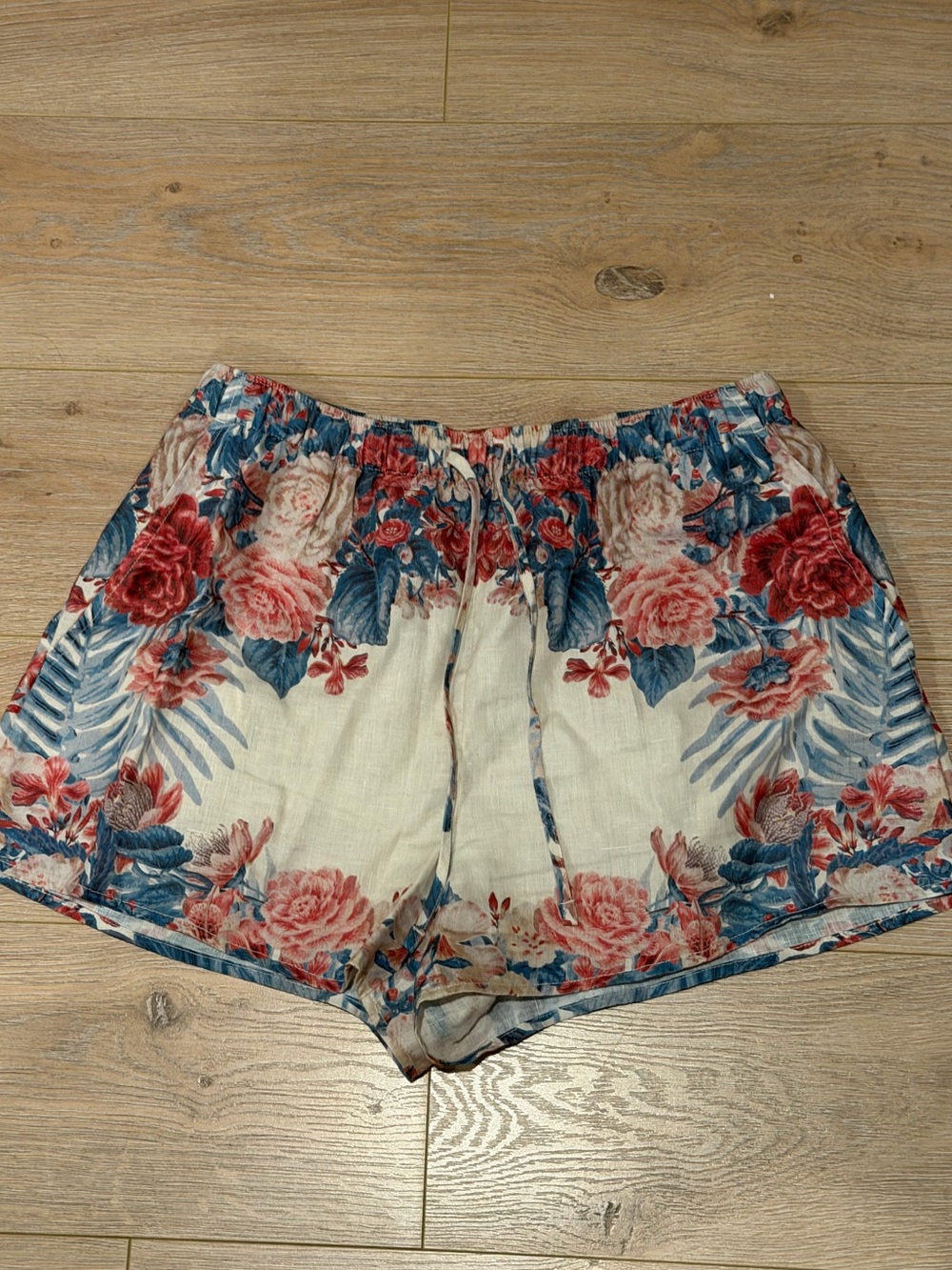 Aritzia Cream Floral Athletic Shorts with Pink and Blue Print